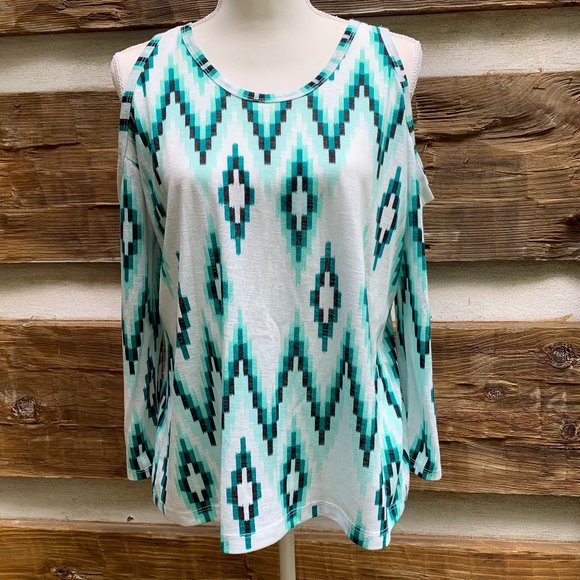 CHARMING CHARLIE Cold Shoulder, Open Back Knit Top.  Geometric Green Black Sz S - Picture 1 of 11